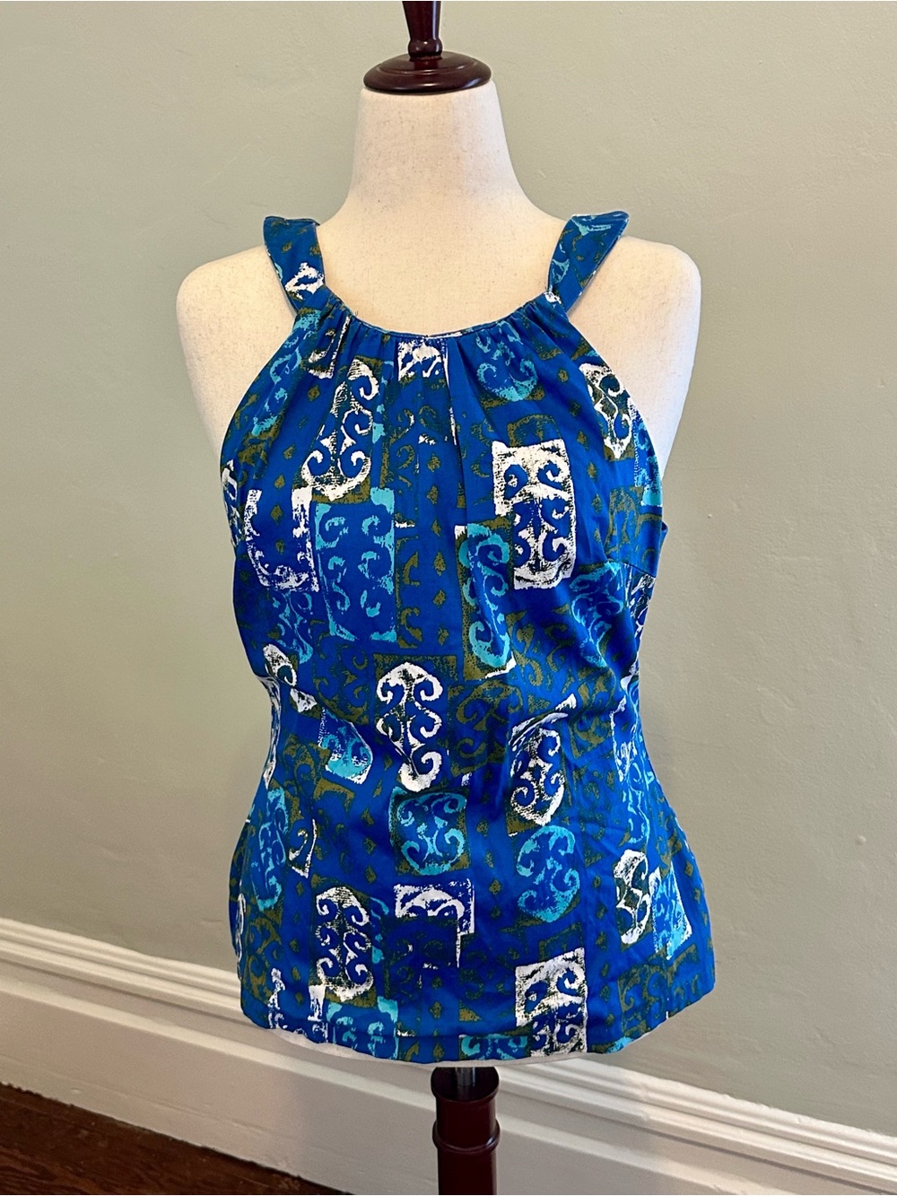Pinup Couture Blue & White Print Halter Tank Top